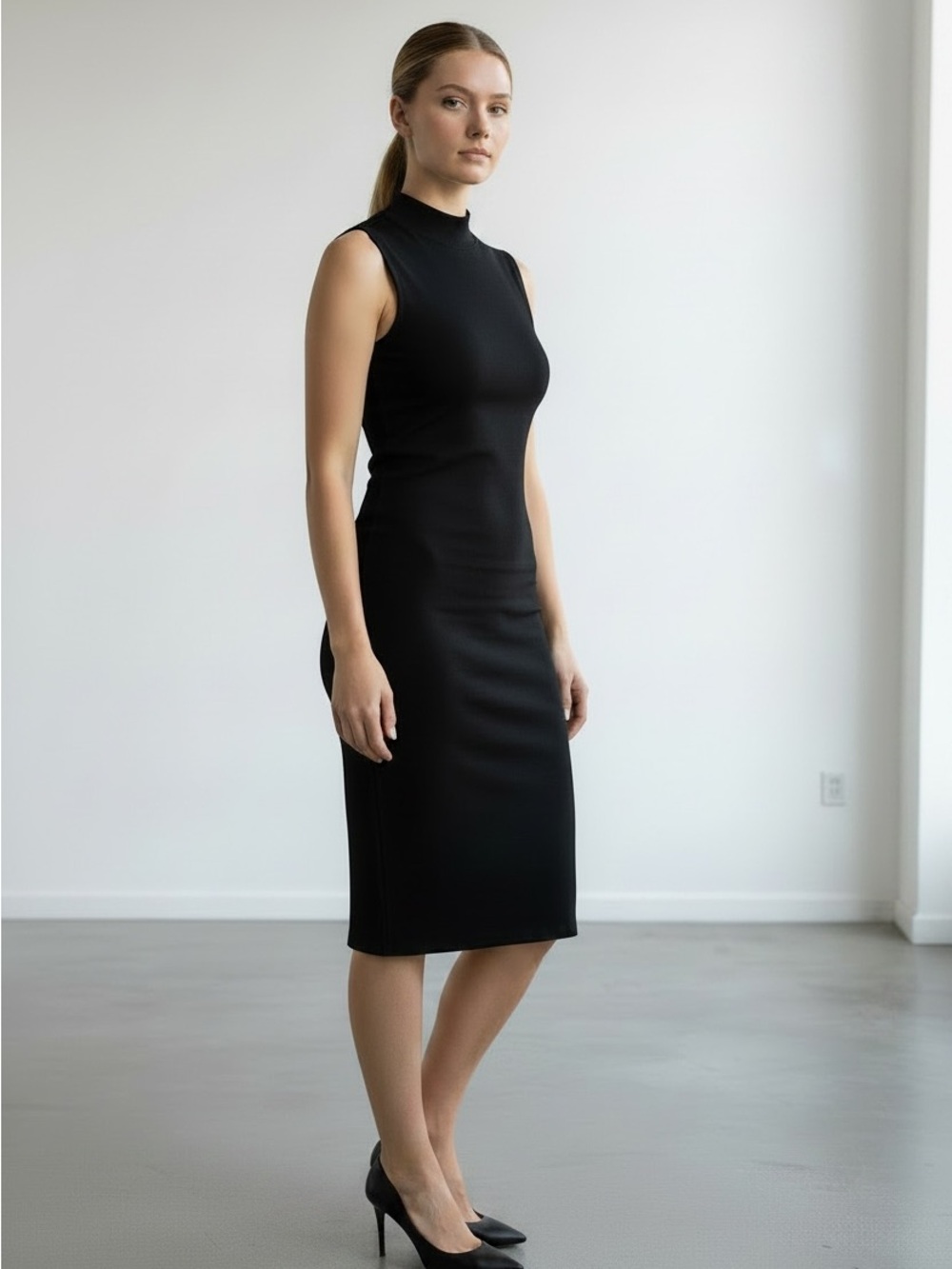 House of Harlow 1960 Sleeveless Black Midi Sheath Dress - Classic Minimalist